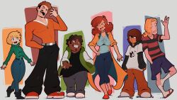 3boys 3girls absurdres belt black_belt black_pants blonde_hair blue_eyes blue_pants blue_shorts breasts brown_hair closed_mouth commentary commission dark-skinned_male dark_skin english_commentary facial_hair green_sweater grey_belt grey_pants highres leg_hair long_hair long_sleeves looking_at_another medium_hair multiple_boys multiple_girls mustache open_mouth orange_hair original pants red_sandals red_shoes sandals shirt shoes short_hair shorts smile socks spicy_bardo striped_clothes striped_shirt sweater teeth untied_shoelaces upper_teeth_only white_shoes white_socks