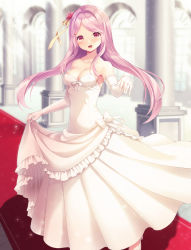 1girl :d armpits bare_shoulders bow breasts cleavage collarbone dress dress_bow elbow_gloves flower flower_knight_girl frills full_body gloves hair_bow hair_flower hair_ornament highres indoors long_hair looking_at_viewer medium_breasts open_mouth pillar pink_hair red_eyes sangobana_(flower_knight_girl) shoes smile solo standing strapless strapless_dress suzuno wedding_dress white_bow white_dress white_gloves white_shoes yellow_bow