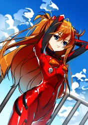 1girl :/ absurdres arms_up artist_request blue_eyes blue_sky bodysuit breasts brown_hair cowboy_shot curvy dutch_angle floating_hair hand_in_own_hair highres legs_together long_hair looking_at_viewer mecha_pilot_suit neon_genesis_evangelion outdoors plugsuit_(evangelion) red_bodysuit simple_background sky small_breasts solo souryuu_asuka_langley standing tsundere very_long_hair wide_hips