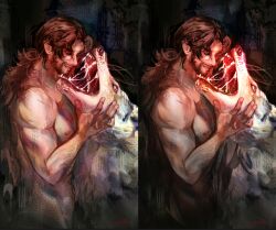 Rule 34 | 1boy, beard, brown hair, chest hair, closed eyes, commentary, dark-skinned male, dark skin, docabo11, english commentary, facial hair, full beard, hand on animal, long hair, low ponytail, male focus, multiple views, muscular, muscular male, nipples, nude, pectorals, ponytail, reverse:1999, shamane, smile, wolf