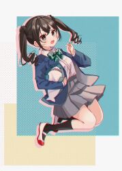 1girl black_hair black_socks blazer blue_jacket bow brown_eyes collared_shirt commentary_request dress_shirt drop_shadow finger_heart full_body green_bow grey_skirt hair_between_eyes highres hugging_object idolmaster idolmaster_cinderella_girls idolmaster_cinderella_girls_starlight_stage jacket long_hair looking_at_viewer open_clothes open_jacket open_mouth pleated_skirt rino_cnc school_uniform sharp_teeth shirt shoes skirt socks solo stuffed_animal stuffed_shark stuffed_toy sunazuka_akira teeth twintails white_shirt white_shoes x_x