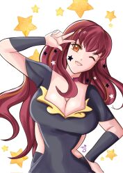 1girl ;d bodysuit breasts choker cleavage clothing_cutout facial_mark fire_emblem fire_emblem_engage hair_ornament hiarikie highres large_breasts long_hair looking_at_viewer nintendo one_eye_closed open_mouth pink_choker purple_bodysuit red_eyes red_hair side_cutout smile solo star_(symbol) star_facial_mark star_hair_ornament w yunaka_(fire_emblem)
