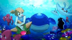 1girl anniversary blue_eyes bubble clamperl gen_1_pokemon gen_3_pokemon gen_4_pokemon highres luvdisc mantyke misty_(pokemon) ni_hoshi nintendo orange_hair pokemon pokemon_(creature) pokemon_frlg side_ponytail staryu swimsuit underwater wailmer water