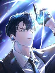 1boy black_coat black_eyes black_gloves black_hair black_necktie coat collared_shirt curtained_hair earpiece gloves half-closed_eyes hand_up highres male_focus necktie omniscient_reader&#039;s_viewpoint raya_(000_unseen) shirt solo white_shirt yoo_joonghyuk