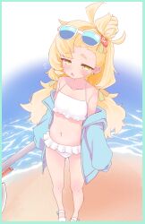 1girl absurdres axe bikini blonde_hair blue-tinted_eyewear blue_archive breasts commentary_request cosplay eyewear_on_head frilled_bikini frills green_eyes hair_bun hair_ornament highres holding holding_axe hoshino_(blue_archive) hoshino_(blue_archive)_(cosplay) hoshino_(swimsuit)_(blue_archive) ks_aya_(gztm4838) loli long_hair midriff official_alternate_costume piper_wheel small_breasts solo sunglasses swimsuit tinted_eyewear trait_connection white_bikini zenless_zone_zero