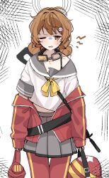 1girl absurdres blue_archive brown_eyes brown_hair cowboy_shot gun helmet helmet_gang_officer_(blue_archive) highres jacket looking_at_viewer one_eye_closed pants patanda red_jacket red_pants school_uniform serafuku skirt solo thigh_gap weapon