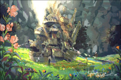00s 2boys 2girls black_hair border building chair child clothesline copyright_name dog dress field flower foreshortening from_behind heen holding_hands howl howl_(howl_no_ugoku_shiro) howl_no_ugoku_shiro laundry markl masso mountain multiple_boys multiple_girls old old_woman orange_hair outdoors scenery short_hair silver_hair sophie sophie_(howl_no_ugoku_shiro) standing studio_ghibli witch_of_the_waste