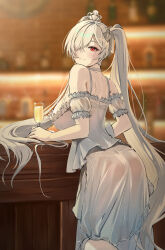 1girl absurdres alcohol alternate_costume ass bar_(place) bare_shoulders blurry blurry_background blush breasts cinderella_(glass_princess)_(nikke) cinderella_(nikke) crown cup dambi dress drinking_glass goddess_of_victory:_nikke hair_over_one_eye highres holding indoors long_hair looking_at_viewer looking_back mini_crown red_eyes see-through_clothes see-through_dress sitting smile solo three_quarter_view very_long_hair white_dress white_wine wine