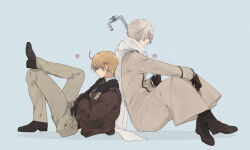 2boys ahoge america_(hetalia) axis_powers_hetalia back-to-back belt black-framed_eyewear black_belt black_boots black_gloves black_shoes blonde_hair boots brown_jacket closed_eyes closed_mouth coat crossed_arms full_body fur-trimmed_jacket fur_trim glasses gloves grey_coat grey_hair grey_jacket grey_pants hita_(hitapita) holding holding_lead_pipe jacket lead_pipe long_sleeves male_focus multiple_boys non-web_source open_clothes open_jacket pants pocket puffy_long_sleeves puffy_sleeves russia_(hetalia) scarf semi-rimless_eyewear shadow shoes short_hair simple_background sitting star_(symbol) star_print translation_request white_background white_scarf