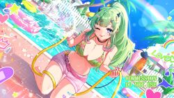 1girl airi_viridis bare_shoulders belt bikini black_choker blue_eyes breasts choker cleavage closed_mouth commentary commission dutch_angle english_commentary green_bikini green_hair halterneck highres holding holding_hose horns hose kanono lens_flare long_hair looking_at_viewer medium_breasts one_eye_closed pink_shorts pointy_ears ponytail pool short_shorts shorts smile solo string_bikini swimsuit v-dere vgen_commission virtual_youtuber water