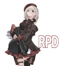 1girl beret black_gloves black_thighhighs blush brown_shirt brown_sleeves brown_vest character_name closed_mouth collared_shirt commentary cowboy_shot detached_sleeves english_commentary fingerless_gloves girls&#039;_frontline gloves grey_hair gun hair_between_eyes hat light_machine_gun machine_gun medium_hair necktie oadooo72196 pleated_skirt pouch purple_eyes red_hat red_necktie red_skirt rpd rpd_(girls&#039;_frontline) shirt single_thighhigh skirt solo thigh_pouch thighhighs trigger_discipline vest weapon weapon_name