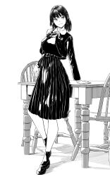 1girl :3 against_table arm_support belt chair dress flower full_body half_updo highres hiwatari_rin jacket loafers long_skirt looking_at_viewer monochrome neck_ribbon original pinafore_dress pleated_skirt ribbon school_uniform shoes skirt sleeveless sleeveless_dress smile socks solo standing table