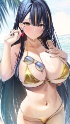 1girl azur_lane bikini black_hair black_nails blush breasts earrings gold_bikini heart heart_earrings highres huge_breasts jewelry long_hair looking_at_viewer mole mole_under_eye mole_under_mouth multicolored_hair mutsumi_nemuru navel navel_piercing official_alternate_costume parted_lips piercing solo stomach streaked_hair swimsuit trafalgar_(azur_lane) trafalgar_(sea_breeze_moonlit_talks)_(azur_lane) unworn_eyewear very_long_hair wet yellow_eyes