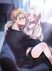 1boy 1girl absurdres back bare_legs black_shirt black_shorts blonde_hair blue_eyes blurry blurry_background blush closed_mouth couch couple dappled_sunlight dated_commentary dimitri_alexandre_blaiddyd edelgard_von_hresvelg fire_emblem fire_emblem:_three_houses frilled_shirt frilled_sleeves frills from_side hair_between_eyes hair_ribbon hand_on_another&#039;s_shoulder head_tilt hetero highres knee_up leaning_forward leaning_to_the_side light_particles long_hair long_sleeves looking_at_viewer looking_to_the_side nintendo on_couch open_mouth pants parted_bangs purple_eyes purple_ribbon ribbon shirt short_hair shorts sitting sitting_on_person sleeves_rolled_up soma_otakuu sunlight sweatdrop teeth thighs upper_teeth_only white_hair white_shirt
