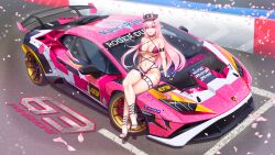 1girl animal_print bikini black_gloves black_hat breasts car character_name chromatic_aberration cleavage commission copyright_name fingerless_gloves gloves hat horns imrinzlergtz_art iron_lynx king&#039;s_raid lamborghini lamborghini_huracan lamborghini_super_trofeo leopard_print looking_at_viewer medium_breasts michelin michelin_man motor_vehicle pansirone parted_lips petals pink_bikini pink_car pink_eyes pink_hair pixiv_commission race_vehicle racecar racetrack shadow sitting skindentation smile solo spoiler_(automobile) sports_car swimsuit thigh_strap v-shaped_eyebrows vehicle_focus