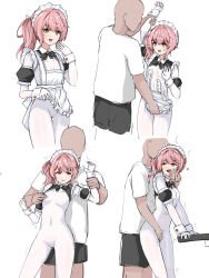 1boy 1girl apron bodystocking frilled_apron frills groping highres maid medium_hair no_panties original pantyhose pink_hair side_ponytail white_pantyhose zhthktk