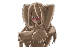 1girl 2021 arms_behind_head blush breasts creatures_(company) cynthia_(pokemon) game_freak green_eyes groping hair_over_one_eye haruma_(messy_illust) long_hair mud muddy nintendo nipples nude pokemon pokemon_dppt wam