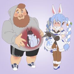 Rule 34 | 1girl, 2boys, animal ear fluff, animal ears, beard, big chungus (meme), black shorts, blue background, blue hair, blush, braid, bugs bunny, carrot hair ornament, caseoh, commentary, crossover, english commentary, facial hair, food-themed hair ornament, full body, fur scarf, grey hoodie, hair ornament, hands on own stomach, highres, holding, holding trophy, hololive, hood, hood up, hoodie, kurihachi, long hair, looney tunes, male pregnancy, meme, multicolored hair, multiple boys, multiple crossover, rabbit ears, rabbit girl, real life, shorts, simple background, smile, the game awards, trophy, twin braids, usada pekora, usada pekora (1st costume), virtual youtuber, white hair