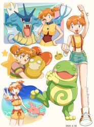 1girl :d ;d asymmetrical_hair bare_arms beach bikini blue_eyes blush blush_stickers breasts clenched_hand corsola creature crop_top cropped_jacket denim denim_shorts eyelashes gen_1_pokemon gen_2_pokemon gyarados gym_leader hair_bobbles hair_ornament hair_tie hand_on_own_hip hand_up highres holding holding_creature holding_poke_ball holding_pokemon jacket knees looking_at_viewer makoto_(majime_5416) midriff misty_(pokemon) navel nintendo one_eye_closed open_mouth orange_hair pink_shirt poke_ball poke_ball_(basic) pokemon pokemon_(anime) pokemon_(classic_anime) pokemon_(creature) pokemon_rgby politoed ponytail psyduck shirt shoes short_hair short_shorts short_sleeves shorts side_ponytail sleeveless sleeveless_shirt smile sneakers sparkle standing star_(symbol) suspender_shorts suspenders swimsuit tank_top tongue v vest water wink yellow_shirt
