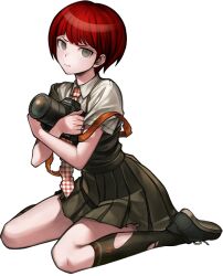 1girl camera danganronpa_(series) danganronpa_2:_goodbye_despair dress green_dress holding holding_camera kneehighs koizumi_mahiru looking_at_viewer necktie official_art oshiro_project:re pinafore_dress plaid_clothes plaid_necktie pout red_hair shoes short_hair short_sleeves sitting sleeveless sleeveless_dress socks solo torn_clothes torn_dress torn_necktie transparent_background unamused wariza