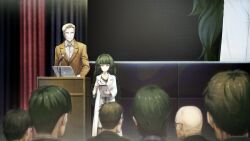 1boy 1girl 6+others alexis_leskinen artificial_intelligence bad_tag bald blonde_hair blunt_bangs brown_jacket buttons closed_mouth clothing_request coat collar collarbone collared_shirt computer crowd curtains dress flat_chest from_behind game_cg glasses green_collar green_eyes green_hair green_trim grey_dress grin height_difference highres hiyajou_maho hiyajou_maho_(salieri) holding holding_tablet_pc hood hood_down hoodie huke jacket lab_coat lapels laptop long_hair long_sleeves looking_at_another messy_hair microphone multiple_others nape non-web_source notched_lapels official_art rabbit_zipper ringed_eyes shirt short_hair smile square_pupils standing steins;gate steins;gate_0 tablet_pc thick_eyebrows very_long_hair very_short_hair white_coat white_shirt