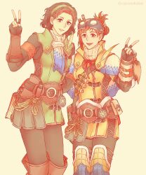 Rule 34 | 2girls, artist name, ascot, black gloves, black hair, brown eyes, brown hair, canowikakte, fingerless gloves, folded ponytail, gloves, green hairband, hairband, handler (monster hunter world), highres, monster hunter: world, monster hunter (series), multiple girls, popped collar, serious handler, simple background, smile, v
