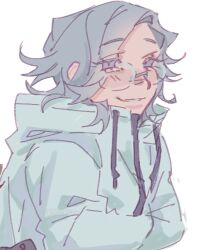 1boy aotsuki_eito blue_eyes drawstring glasses highres jacket long_sleeves looking_at_viewer male_focus simple_background smile solo solo_focus the_hundred_line_-last_defense_academy- upper_body white_background white_hair white_jacket