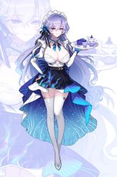 1girl alternate_costume apron blue_flower breasts cake cake_slice cantarella_(wuthering_waves) closed_mouth commentary cup dress earrings facial_mark flower food full_body garter_straps hair_between_eyes hair_flower hair_ornament hand_on_own_hip headdress highres holding holding_tray jewelry kyundoo large_breasts long_hair looking_at_viewer mark_under_eye mole mole_under_eye purple_hair shoes smile solo teacup teapot thighhighs thighs tray very_long_hair waist_apron white_dress white_garter_straps white_shoes white_thighhighs wuthering_waves zoom_layer