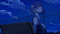 1girl absurdres chain-link_fence closed_mouth cloud commentary crescent_moon fence flower gakuen_idolmaster hair_flower hair_ornament hataya_misuzu hatsuboshi_gakuen_school_uniform highres idolmaster long_sleeves mole mole_under_mouth moon night night_sky ninuru on_bench outdoors purple_hair school_uniform short_hair sky smile solo star_(sky) vest