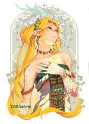 1girl armlet artist_name blonde_hair body_markings braid crown_braid dragon_horns dress earrings eorinamo fingernails green_eyes green_tabard hair_ornament highres horns jewelry leaf_hair_ornament light_dragon_(zelda) long_fingernails long_hair looking_up magatama magatama_necklace multiple_rings necklace nintendo parted_bangs pointy_ears princess_zelda ring scales solo spoilers strapless strapless_dress tabard teardrop_facial_mark the_legend_of_zelda the_legend_of_zelda:_tears_of_the_kingdom white_dress wolf_cut
