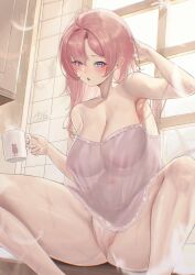 1girl absurdres ahoge annasui_factory arm_up azur_lane babydoll blue_eyes blush breasts chromatic_aberration commentary cup highres holding holding_cup kazan_(azur_lane) kazan_(the_warm_morning_sunshine)_(azur_lane) large_breasts lingerie long_hair looking_at_viewer navel nipples open_mouth pink_hair see-through_babydoll see-through_clothes signature sitting solo sweat teeth thighs underwear upper_teeth_only window