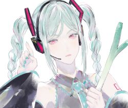 Rule 34 | 1girl, aqua hair, aqua nails, aqua necktie, black sleeves, braid, braided twintails, collared shirt, color connection, commentary request, cosplay, detached sleeves, food, grey shirt, hair color connection, hairstyle connection, hatsune miku, hatsune miku (cosplay), headphones, headset, holding, holding food, holding spring onion, holding vegetable, long sleeves, looking at viewer, love live!, love live! superstar!!, medium hair, necktie, onitsuka tomari, pink eyes, portrait, shirt, sidelocks, simple background, sleeveless, sleeveless shirt, solo, spring onion, twin braids, twintails, vegetable, vocaloid, white background, yoruneko yashiro