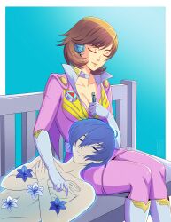 Rule 34 | 1boy, 1girl, absurdres, blue background, bodysuit, breasts, brown hair, choker, cleavage, digital media player, digital walkman, flower, highres, leofoxart, on bench, persona, persona 3, persona 4: the ultimate in mayonaka arena, persona 4: the ultimax ultra suplex hold, pink bodysuit, remembering, sitting, sitting on lap, sitting on person, takeba yukari, walkman nw-s203f, white choker, yuuki makoto (persona 3)