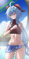 1girl absurdres ahoge bikini blue_hair blue_sarong blue_sky blush bracelet breasts closed_mouth cloud covered_collarbone ganyu_(genshin_impact) genshin_impact gluteal_fold goat_horns hair_between_eyes hand_on_own_chest highres horns ituka_kanau jewelry large_breasts linea_alba long_hair looking_to_the_side navel outdoors print_sarong purple_eyes sarong sidelocks sky solo stomach swimsuit tankini thighs very_long_hair water wet