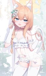 1girl alternate_costume animal_ear_fluff animal_ears bare_shoulders blue_archive blue_eyes blush breasts cat_ears cat_tail collar flower frilled_skirt frills garter_belt hair_between_eyes hair_flower hair_ornament halo highres holding_own_leash leash lingerie long_hair looking_at_viewer mari_(blue_archive) open_mouth orange_hair paid_reward_available see-through_clothes skirt sleeveless small_breasts solo tail takeroku thighhighs underwear white_garter_belt white_thighhighs yellow_halo