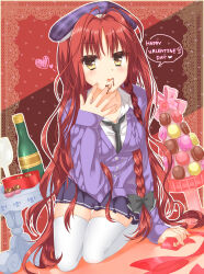 Rule 34 | 1girl, :p, antenna hair, arm at side, beret, black bow, black necktie, black skirt, blush, bottle, bow, braid, cardigan, casual, chocolate, chocolate on face, chocolate on hand, closed mouth, collared shirt, commentary request, dracu-riot!, food, food on face, food on hand, full body, fuyukichi (nikoniko1567), hair between eyes, hair bow, hair intakes, hand up, happy valentine, hat, heart, highres, holding, holding ribbon, kneeling, long hair, looking at viewer, macaron, miniskirt, necktie, official alternate costume, outline, outstretched hand, plaid hat, pleated skirt, purple cardigan, purple hat, red background, red hair, red ribbon, ribbon, shirt, simple background, single braid, skirt, sleeves past wrists, smile, solo, speech bubble, sweets, table, thigh gap, thighhighs, tongue, tongue out, valentine, very long hair, wavy hair, white outline, white shirt, white thighhighs, wine bottle, yarai miu, yellow eyes, zettai ryouiki
