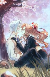 aerith_gainsborough aerith_gainsborough_(midgard_seventh_high_school) aqua_eyes assertive_female black_choker black_pants black_sailor_collar black_shirt black_skirt blue_necktie blurry blurry_foreground blush brown_hair brown_vest cherry_blossoms choker collared_shirt colored_tips crop_top delinquent final_fantasy final_fantasy_vii final_fantasy_vii_ever_crisis floral_print floral_print_sleeves flower grass green_eyes grey_hair hair_flower hair_ornament hair_ribbon highres kay-i kneeling long_hair long_skirt midriff multicolored_hair necktie official_alternate_costume pants parted_bangs pink_flower pleated_skirt ponytail print_sleeves red_hair red_ribbon retro_artstyle ribbon sailor_collar school_uniform sephiroth sephiroth_(ever_crisis) sephiroth_(shinra_private_academy) shirt short_hair sidelocks sitting skirt sukeban sweater_vest tree under_tree vest wavy_hair white_flower white_shirt