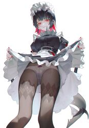 Rule 34 | 1girl, belt, black hair, black pantyhose, breasts, candy, censored, chinese commentary, clothes lift, commentary, dress, dress lift, ear piercing, ellen joe, english commentary, fins, fish tail, food, hair ornament, hairclip, highres, iumu, lifting own clothes, lollipop, looking at viewer, maid, maid headdress, mixed-language commentary, mole, mole under eye, multicolored hair, paid reward available, panties, panties under pantyhose, pantyhose, piercing, red background, red eyes, red hair, shark tail, short hair, simple background, solo, tail, two-tone hair, underwear, variant set, white background, white panties, zenless zone zero
