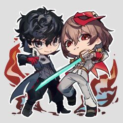 2boys akechi_gorou amamiya_ren black_coat black_eyes black_pants brown_hair chibi chibi_only closed_mouth coat crow_(persona_5) curly_hair domino_mask full_body gloves holding holding_mask holding_sword holding_weapon jacket joker_(persona_5) looking_at_viewer male_focus mask multiple_boys ore_iuse pants persona persona_5 red_eyes red_gloves red_mask smile sword weapon white_jacket white_pants