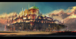 architecture blue_sky castle city cloud cloudy_sky day dome fantasy horizon kgt_(pixiv12957613) landscape letterboxed no_humans original outdoors scenery sky