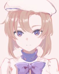 Rule 34 | 1girl, asymmetrical bangs, blue eyes, bow, bowtie, close-up, closed mouth, commentary request, expressionless, hair between eyes, hat, higurashi no naku koro ni, looking at viewer, mipuatto, orange hair, purple bow, purple bowtie, ryuuguu rena, solo, white hat