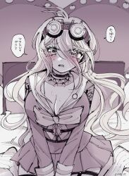 1girl ahoge antenna_hair barbed_wire belt blonde_hair blush breasts choker cleavage collarbone commentary_request danganronpa_(series) danganronpa_v3:_killing_harmony eyelashes goggles goggles_on_head hair_between_eyes highres iruma_miu kneeling large_breasts long_hair long_sleeves looking_at_viewer mmr_0x muted_color o-ring o-ring_belt on_bed open_mouth pillow pleated_skirt ribbon sailor_collar school_uniform shirt skirt solo speech_bubble sweat thigh_belt thigh_strap translation_request very_long_hair wavy_hair