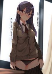 1girl backlighting black_hair black_nucleus black_panties black_skirt blurry blurry_foreground blush breasts brown_cardigan cardigan closed_mouth clothes_pull collared_shirt commentary_request cowboy_shot depth_of_field female_focus hair_between_eyes head_tilt highres indoors long_hair long_sleeves looking_at_viewer medium_breasts muoto necktie original panties pulling_own_clothes purple_eyes school_uniform shirt skirt skirt_pull solo translation_request underwear undressing white_shirt window wing_collar