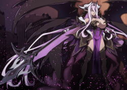 1girl absurdly_long_hair absurdres aoi_tabane armor bare_shoulders black_sclera black_thighhighs black_wings breasts castle choker cleavage colored_sclera corruption covered_navel crown dark-skinned_female dark_persona dark_skin demon_girl demon_horns demon_tail demon_wings dress full_body gloves hair_between_eyes high_heels highres holding holding_polearm holding_weapon horns huge_breasts kouyoku_senki_exs-tia large_breasts long_hair looking_at_viewer luxiel_(kouyoku_senki_exs-tia) multiple_wings open_mouth oversized_wings pelvic_curtain pink_hair pointy_ears polearm purple_dress purple_eyes purple_hair see-through_clothes solo spear standing tail thighhighs very_long_hair weapon wings