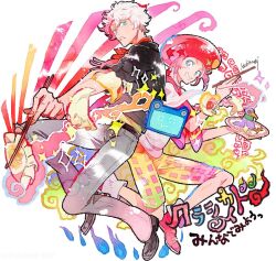 Rule 34 | 2boys, bird, black jacket, blue eyes, bracelet, chopsticks, classicaloid, closed mouth, dumpling, food, grey pants, grin, hasshii (classicaloid), hat, holding, holding chopsticks, jacket, jewelry, jiaozi, ludwig van beethoven (classicaloid), male focus, multiple boys, official art, on plate, pad-kun (classicaloid), pants, pink hair, pink shoes, red hair, red hat, second-party source, shirt, shoes, shorts, smile, translation request, white hair, white shirt, wolfgang amadeus mozart (classicaloid), yellow shorts