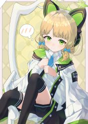 1girl absurdres anleewind aqua_necktie black_socks blonde_hair blue_archive closed_mouth green_eyes green_halo halo highres kneehighs looking_at_viewer midori_(blue_archive) necktie shirt socks solo spoken_blush white_shirt
