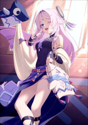 1girl asymmetrical_gloves bare_shoulders black_gloves black_leotard blue_eyes braid breasts citlali_(genshin_impact) citlalin_(genshin_impact) commentary_request covered_navel facial_mark fingerless_gloves fingernails floating_headgear forehead_mark genshin_impact gloves hand_up headgear highres itzpapa_(genshin_impact) leotard long_hair medium_breasts multicolored_hair nail_polish one_eye_closed open_mouth pink_hair pink_pupils purple_hair purple_nails sleeveless_turtleneck_leotard solo standing teeth triangle triangle_facial_mark twin_braids tyenka7728 uneven_gloves upper_teeth_only very_long_hair