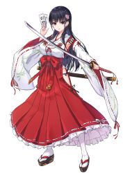 1girl absurdres armpits black_eyes black_hair breasts flower full_body hair_flower hair_ornament highres hip_vent holding holding_sword holding_weapon japanese_clothes katana large_breasts long_hair long_sleeves miko official_art ofuda okobo original panties platform_sandals sandals scabbard sheath side-tie_panties solo sword talisman toriatto_gununu underwear unsheathed weapon wide_sleeves