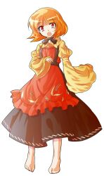 1girl aki_minoriko alphes_(style) apron barefoot blonde_hair commentary_request dairi food fruit full_body grapes hat long_sleeves looking_at_viewer neck_ribbon no_headwear parody red_eyes ribbon ringed_eyes shirt short_hair skirt solo style_parody tachi-e touhou transparent_background wide_sleeves