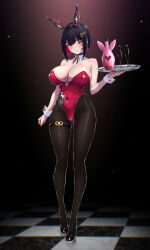 1girl animal_ear_hairband animal_ears black_hair black_pantyhose bottle breasts checkered_floor cleavage colored_inner_hair covered_navel cup detached_collar drinking_glass fake_animal_ears full_body goddess_of_victory:_nikke hairband highres kemurin large_breasts leotard looking_at_viewer multicolored_hair neck_ribbon orange_eyes pantyhose playboy_bunny rabbit_ears rabbit_tail red_hair red_leotard ribbon rouge_(nikke) short_hair solo strapless strapless_leotard tail tray wine_glass wrist_cuffs